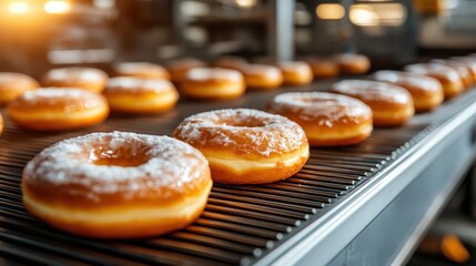 An array of golden freshly made donuts lines a production conveyor belt, showcasing the delicious craftsmanship and tempting visual appeal of bakery delights.