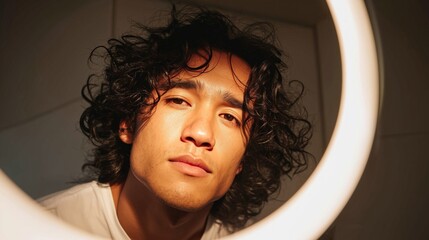 A transgender person gazes confidently into a mirror, embracing their identity.