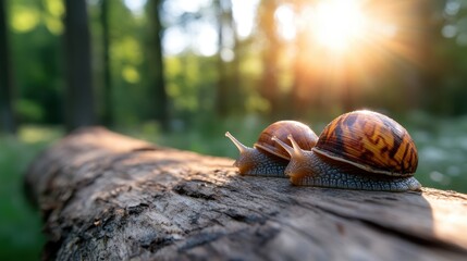 Two snails gracefully traverse a log, illuminated by the gentle morning sun, portraying nature's serenity and the slow pace of life in a refreshing, tranquil environment.