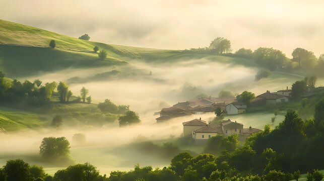 Misty morning in a valley with houses nestled in the hills.