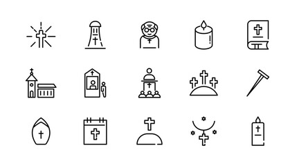 Christian religion linear icon set. Jesus, catholic, cross, spirituality, Christianity, church, bible, priest, Christmas, easter, prayer, baptism, outline vector icon set. UI thin line icon pack.