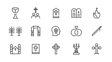 Christian religion linear icon set. Jesus, catholic, cross, spirituality, Christianity, church, bible, priest, Christmas, easter, prayer, baptism, outline vector icon set. UI thin line icon pack.