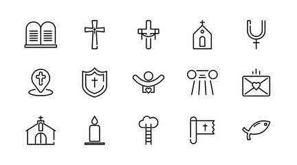 Christian religion linear icon set. Jesus, catholic, cross, spirituality, Christianity, church, bible, priest, Christmas, easter, prayer, baptism, outline vector icon set. UI thin line icon pack.