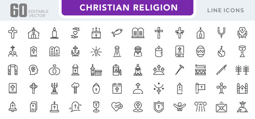 Christian religion linear icon set. Jesus, catholic, cross, spirituality, Christianity, church, bible, priest, Christmas, easter, prayer, baptism, outline vector icon set. UI thin line icon pack.