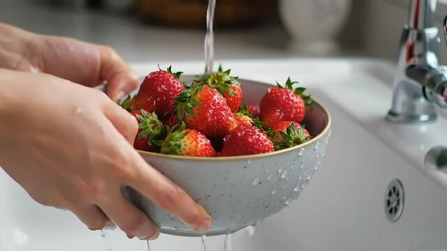 Close-up of a person washing fresh strawberries under running tap water in a kitchen sink