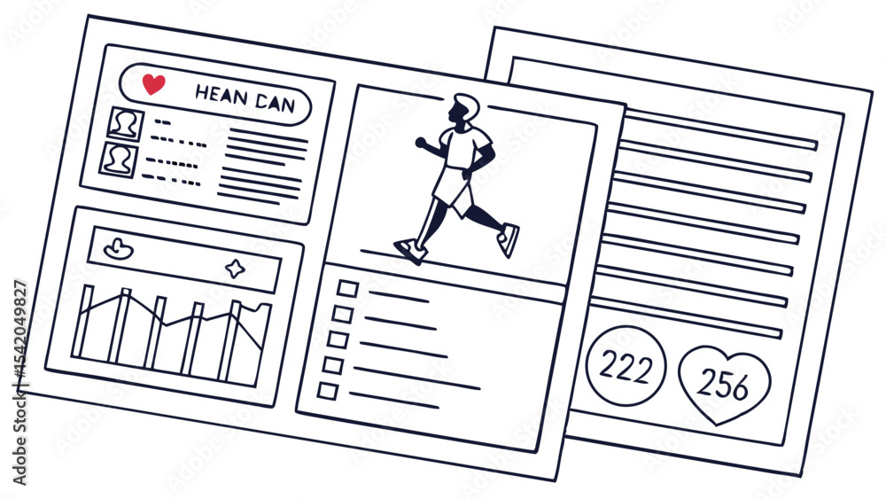 Poster illustration of three user interface cards displaying a profile, running man, and data visualization