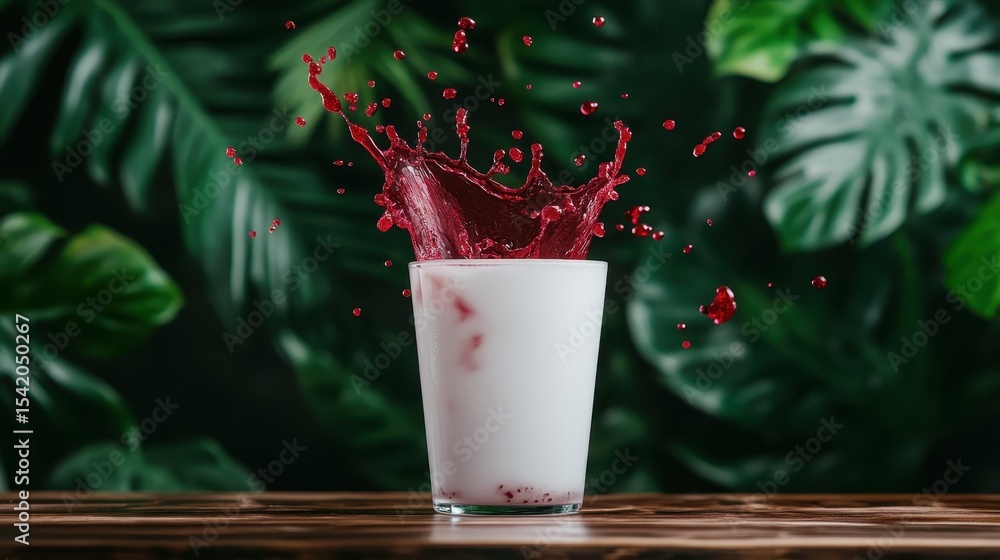Poster the image captures a glass of white milk with a vibrant red juice splash, portraying a dynamic inter