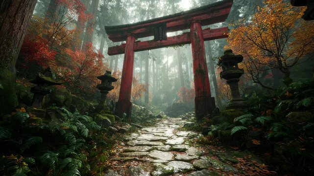 Sunlight Through Torii Gate in Autumn Woods
