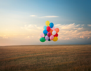 Bunch of balloons flying in the blue sky. The concept of a holiday, congratulations, gifts, events
