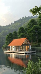 Fototapeta premium Modern lake house with orange roof in green forest