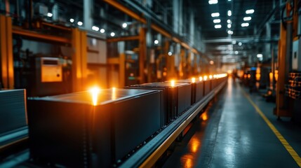 An industrial scene featuring a production line illuminated with warm lighting, capturing the essence of modern manufacturing and the intricacies of industrial work.