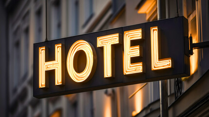 A glowing neon hotel sign illuminates the dark urban night, its vibrant orange and red lights creating a mysterious and inviting atmosphere for travelers.
