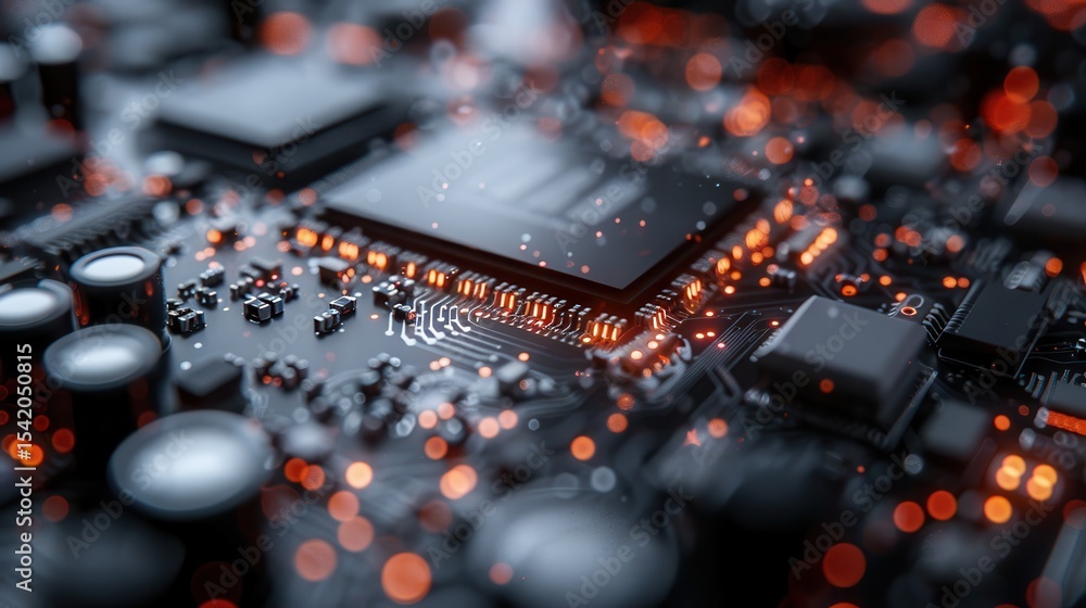 Poster an intricate close-up of a circuit board showcases the complexity of technology, highlighting the gl