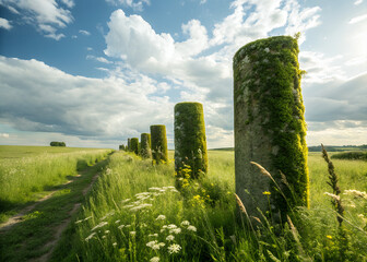 Ancient Pillars: A line of weathered stone pillars, weathered by time, stand proudly in a vast field, accompanied by a bright sky, evoking a sense of history, tranquility.