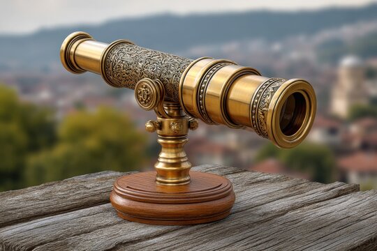 Ornate antique brass telescope on wooden stand