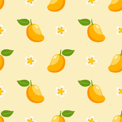Vector seamless pattern with mango fruits. Summer tropical fruits on a white background.