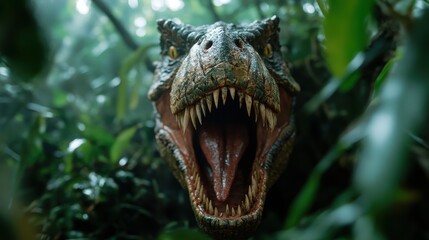 A lifelike dinosaur with fierce teeth roars amidst dense jungle foliage, illustrating the power and majesty of these ancient creatures in a captivating jungle landscape.