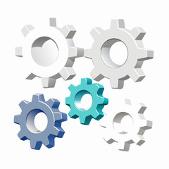 3D gears and settings isolated on white background, realistic illustration representing mechanical processes, workflow, engineering, automation, system management, and technical operations.
