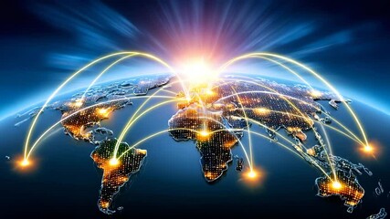 A stunning visualization of global connectivity, illustrating digital networks and international communication across continents. - Powered by Adobe