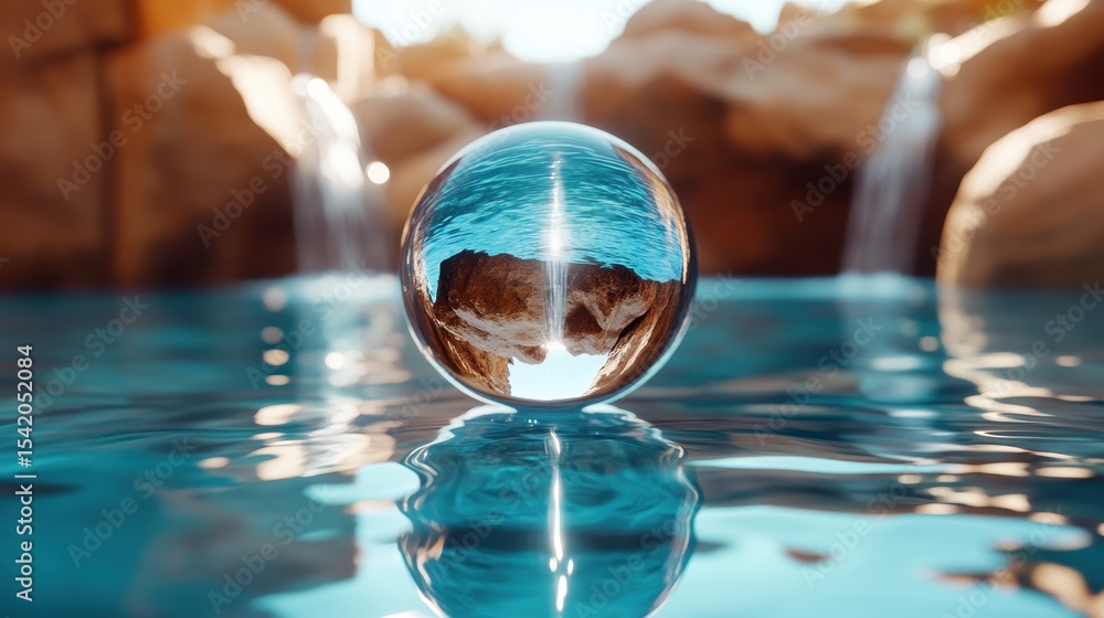 Poster a mesmerizing crystal sphere elegantly rests on serene water, reflecting captivating rock formations