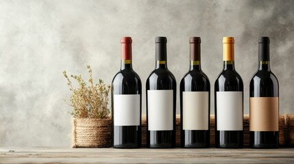 An intriguing collection of wine bottles with blank labels offers a minimalist aesthetic, inviting customization and creativity from potential wine enthusiasts and sellers.