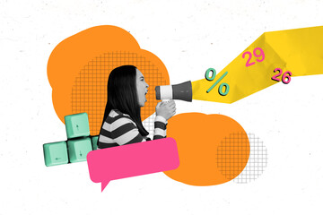 Creative full artwork collage of angry businesswoman scream megaphone bubble icon percentage crisis...