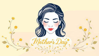 A woman with dark hair and closed eyes is centered with Mothers Day written below surrounded by flowers