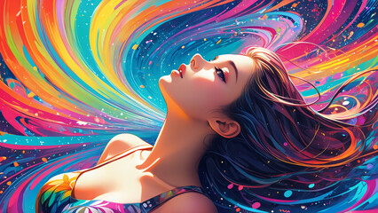 Generated digital art illustration of a girl floating in a surreal dream-like abstract realm of vibrant colors.