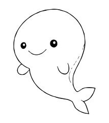 An adorable whale is depicted in a simple cartoonlike black and white illustration