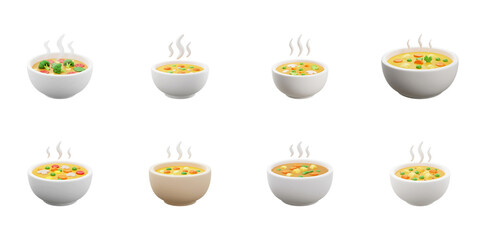 Vegetable Soup Bowls Set: A collection of eight steaming bowls of hearty vegetable soup, presented in various shades of bowls, perfect for a restaurant menu or cookbook.