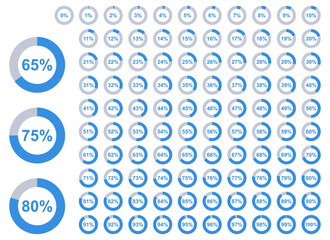 Circular progress icons from 0 to 100 percent. Clean and minimal design perfect for dashboards, UI,UX, infographics, data visuals, and presentations.