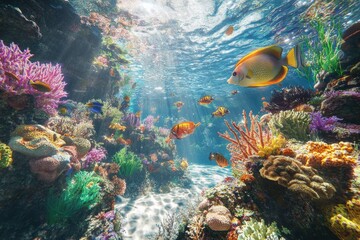 Obraz premium Vibrant coral reef teeming with colorful fish under sunlit water