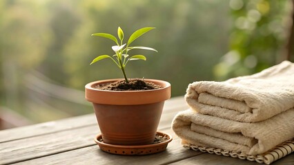 Small plant in terracotta pot with spa towels