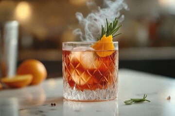 Negroni Cocktail with Rosemary Smoke and Orange Peel on Marble Counter
