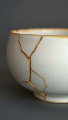 A white kintsugi bowl with golden cracks symbolizes resilience emotional healing and beautiful imperfection