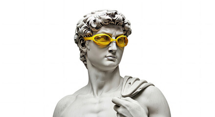 Roman Statue with Yellow Swim Goggles Classical Meets Modern on white background