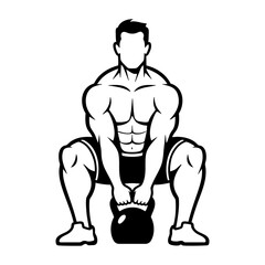 Fototapeta premium Strong man lifting a kettlebell gym training monochrome clip art illustration