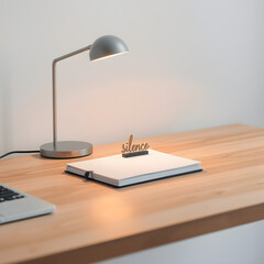 A quiet desk setup with a soft lamp and closed notebook labeled silence evokes peaceful atmosphere ideal for mindful work or evening reflection