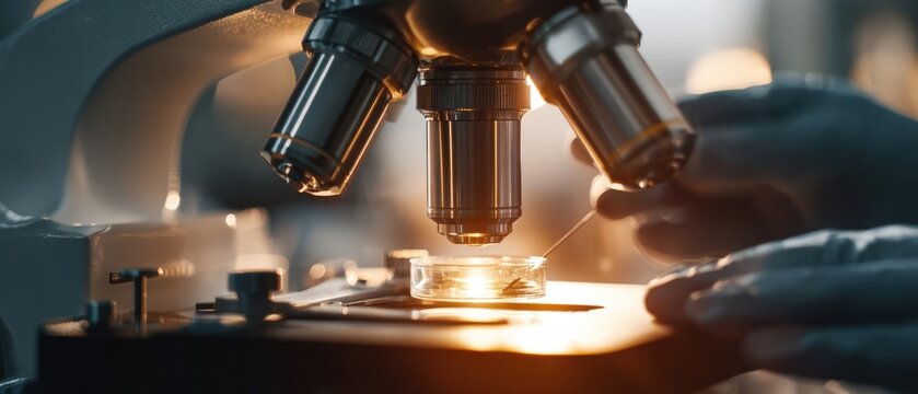 The microscope illuminating a glass slide in a laboratory setting.