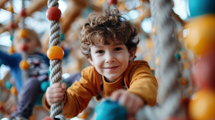 A cheerful child climbing a colorful play structure, embodying the spirit of playfulness, joy, and adventure in a vibrant indoor environment designed for fun.