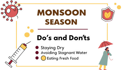 Illustration depicting monsoon season do's and don'ts with virus, umbrella, and health related icons around