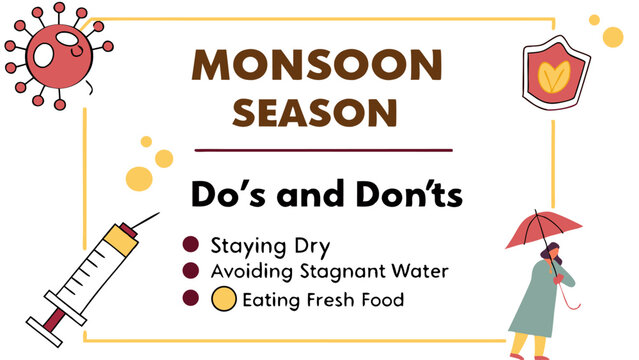 Illustration depicting monsoon season do's and don'ts with virus, umbrella, and health related icons around