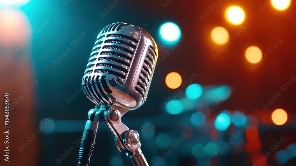 Poster a vintage-style microphone stands out against a dazzling backdrop of soft bokeh lights, symbolizing 