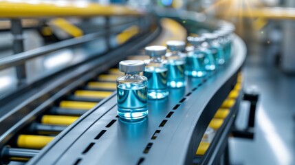 3d render of pharmaceutical manufacturing with glass bottles on conveyor for covid 19 vaccine