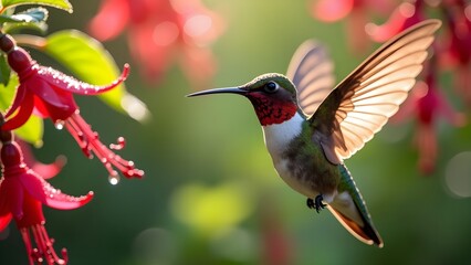 Fototapeta premium Hummingbird in Blooming Garden with Blurred Wings and Jewel Tones