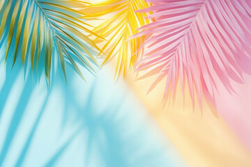 Cololful palm leaf on pastel wall abstract background. Summer vacation concept. Generative ai.