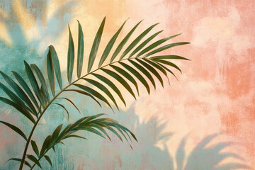 Cololful palm leaf on pastel wall abstract background. Summer vacation concept. Generative ai.