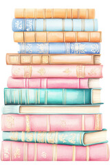 Literary Pastel Palette: A meticulously crafted collection of antique books, stacked artfully, and bathed in a symphony of soft pastel hues.