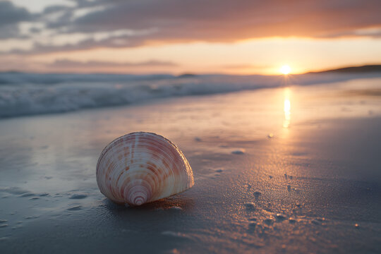 a shell on the beach at sunset