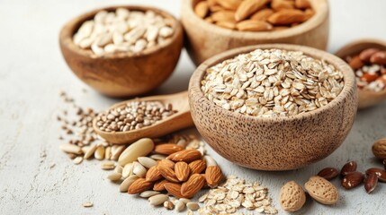 Various types of nuts and seeds in wooden bowls on a light-colored surface.